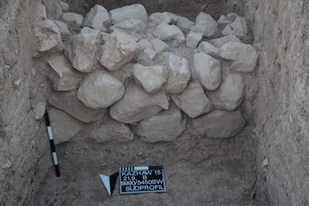 Remains of stone wall several meters in front of the Sasanian mud-brick wall.